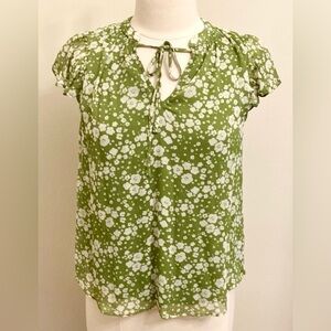 LC Lauren Conrad Green White Ditsy Floral Tie Up Flutter Sleeves Lined Top SZ XS
